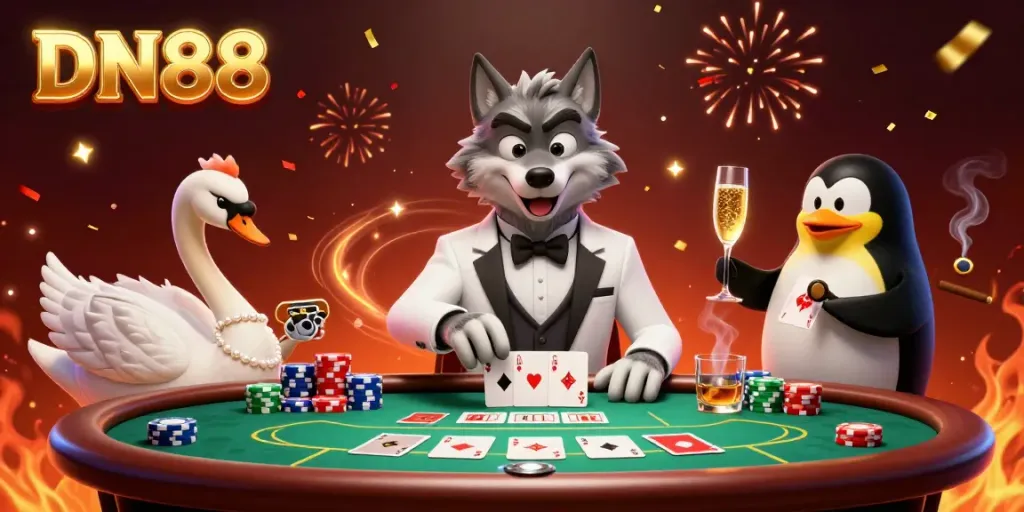Experience the excitement at DN88 with lavish baccarat, card dealing swan, and penguin sommelier.