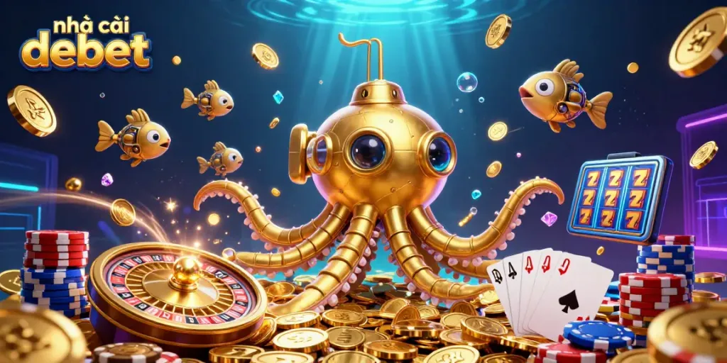 Experience the excitement of nhà cái debet with this vibrant, 3D illustration of a golden kraken amidst casino elements.