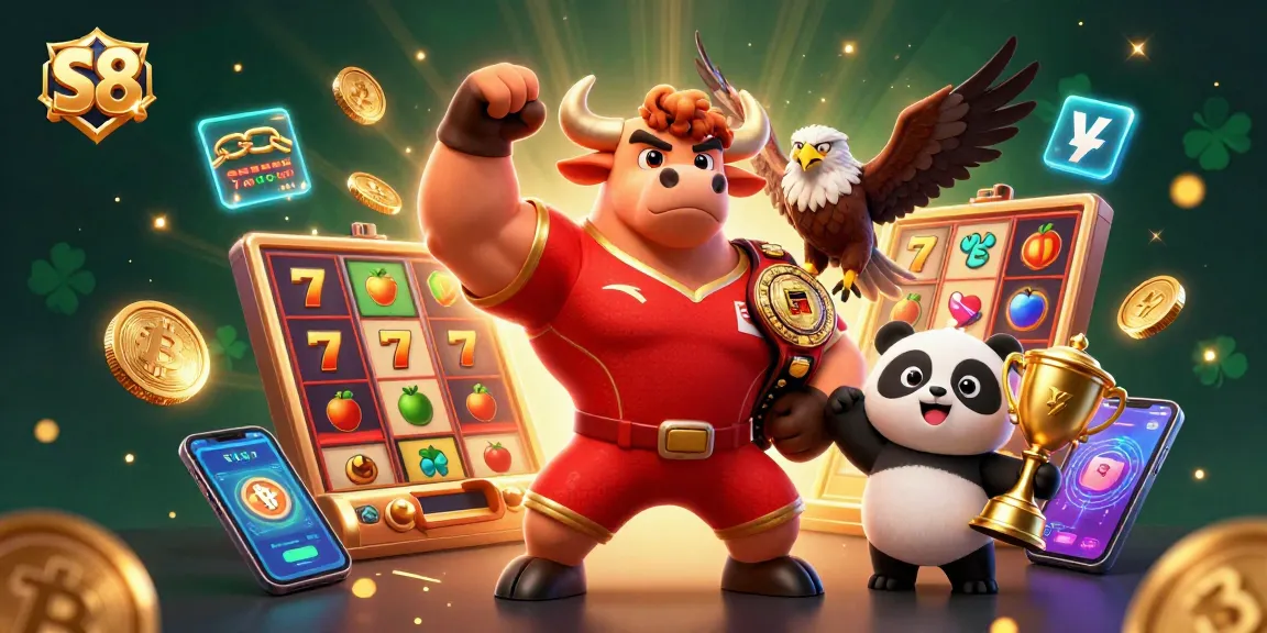 Win big with the S8 casino as the muscular bull mascot celebrates alongside iconic game graphics.
