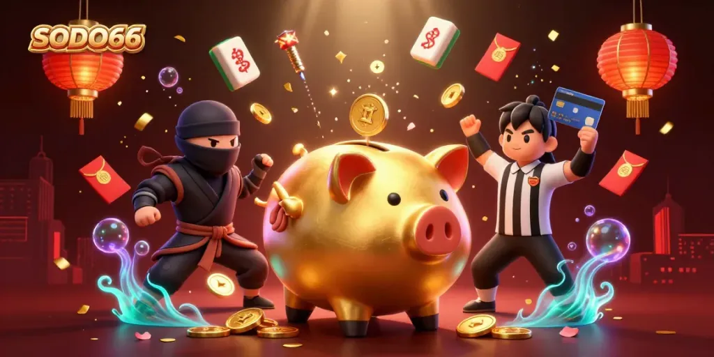 Engage with SODO66 in a vibrant casino scene featuring a golden piggy bank sumo wrestler, a wallet-ninja, and a credit-card samurai referee.
