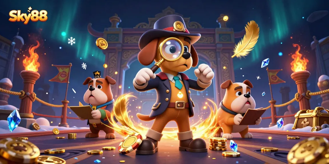 Sky88 engages players with thrilling casino adventures featuring a detective uncovering golden poker chips.