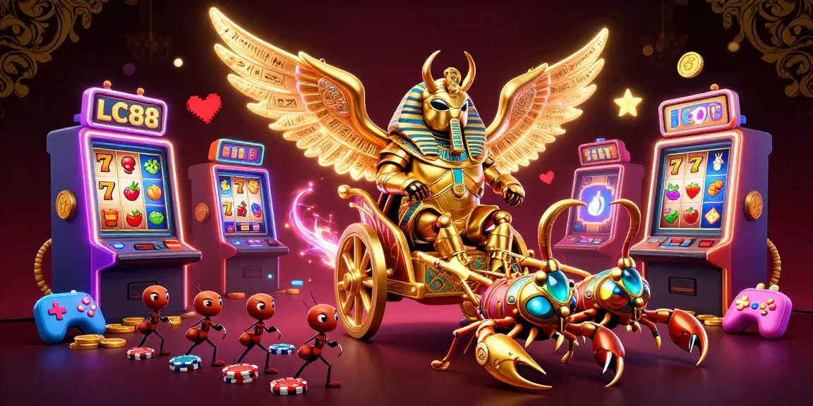 Engage with LC88’s golden beetle pharaoh as he conquers jackpots in vibrant casino realms.