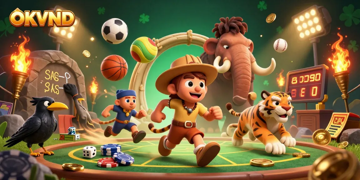 Experience the thrill of gaming with the animated OKVND casino scene featuring lively characters and vibrant sports elements.