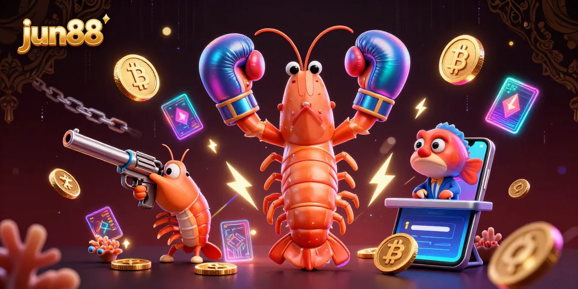 Win big at jun88 with a thrilling 3D casino scene featuring colorful characters and crypto elements.