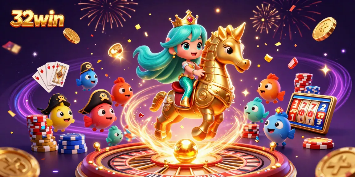 Engage with 32win's immersive gaming world featuring a dazzling mermaid princess and rich casino elements.