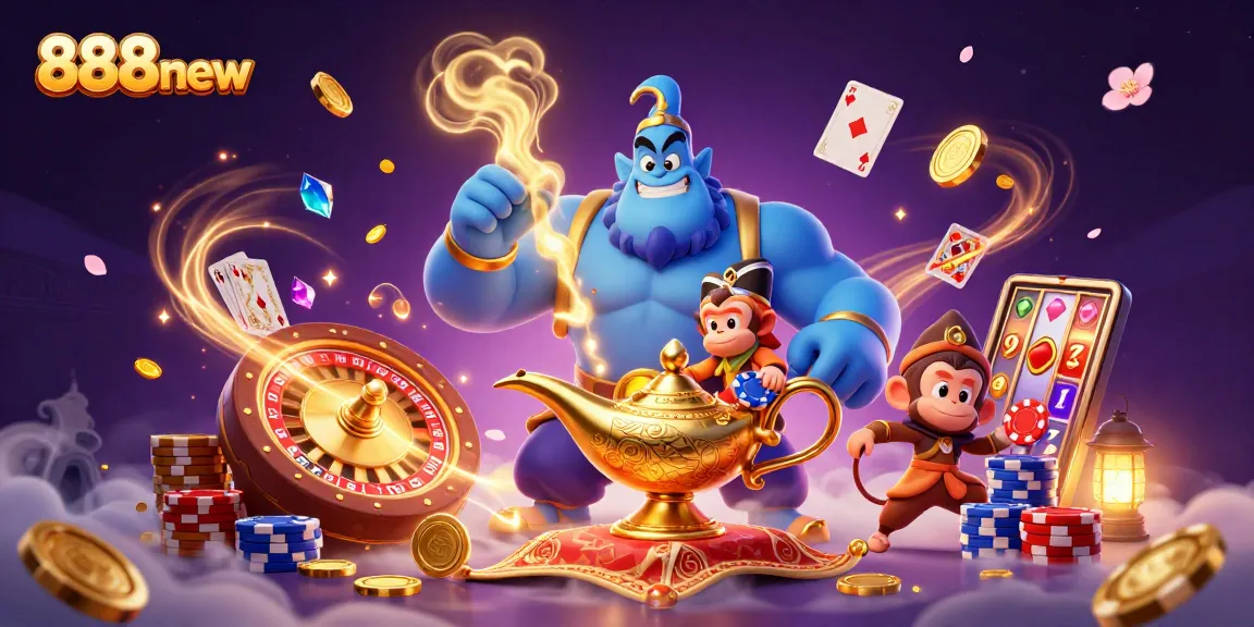 Experience the excitement of 888new with dynamic poker chips and treasures in a magical casino scene.