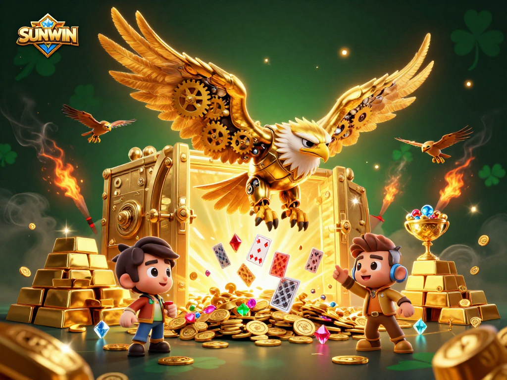 Engage with SUNWIN’s dynamic illustration showing a golden eagle amidst vibrant casino elements.