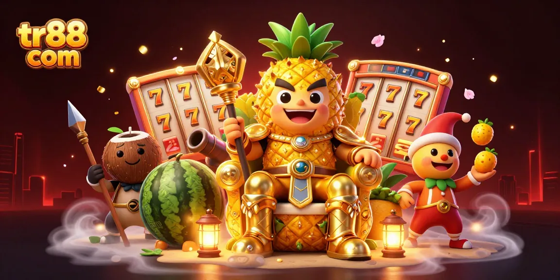 Engage with tr88 com's vibrant casino world featuring a golden pineapple king and dynamic slot elements.