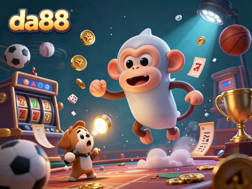 Experience thrilling gameplay at da88 with a mischievous monkey juggler in a captivating casino scene.