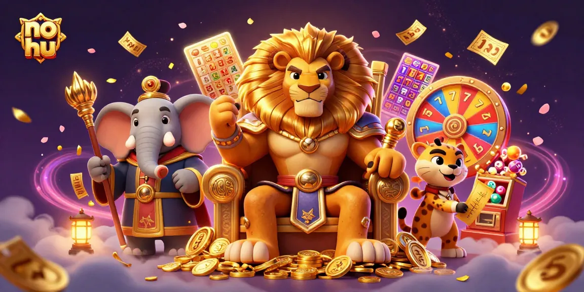Interactive no hu jackpot gaming scene featuring a lion king, elephant advisor, and cheetah messenger.