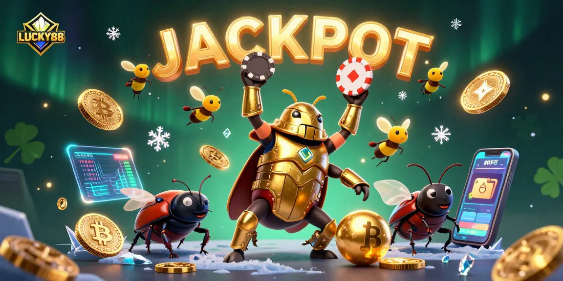 LUCKY88 celebrates victories in gaming with 3D characters amid a dynamic casino scene filled with elements.
