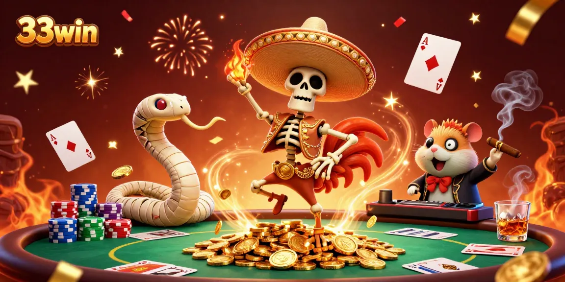 33win victory scene with a cartoon skeleton mariachi rooster, mummy snake, and zombie hamster DJ.