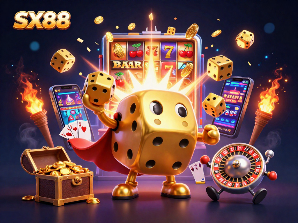 Experience exciting gameplay with SX88's vibrant golden dice character surrounded by casino elements.