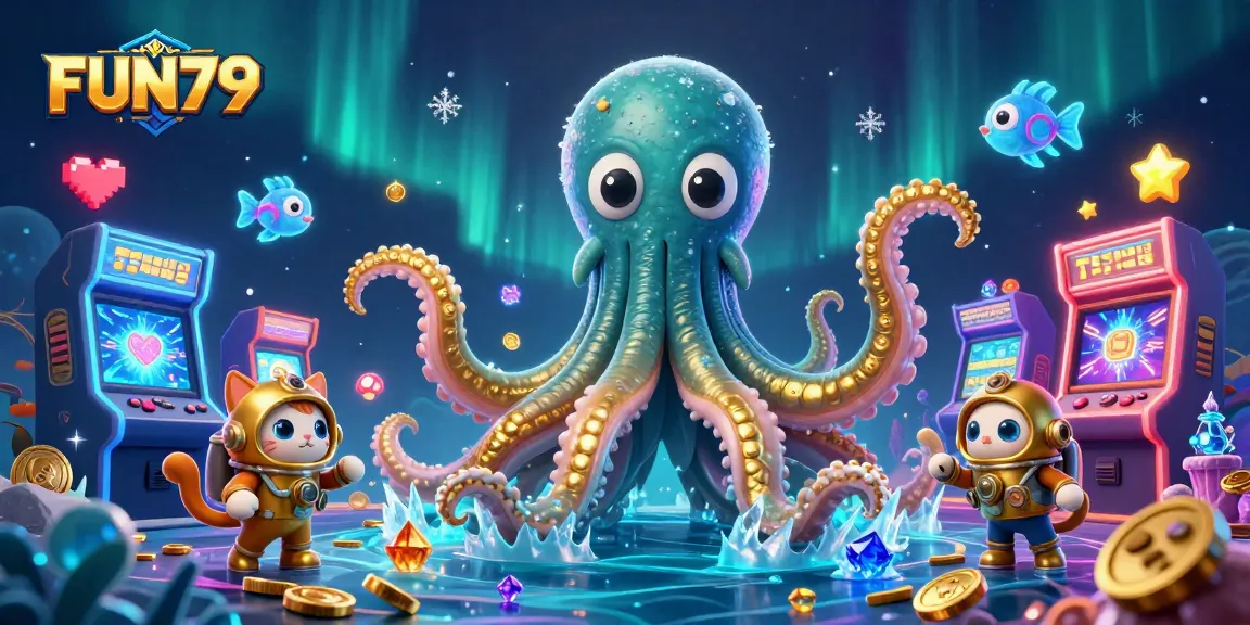 Engage with FUN79's thrilling atmosphere featuring a kraken, diving cat, and glowing arcade games.