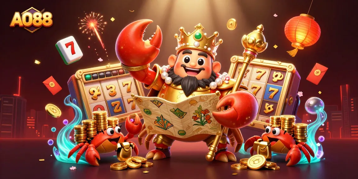 Engage with AO88's vibrant casino world featuring a golden crab emperor and dynamic slot games.