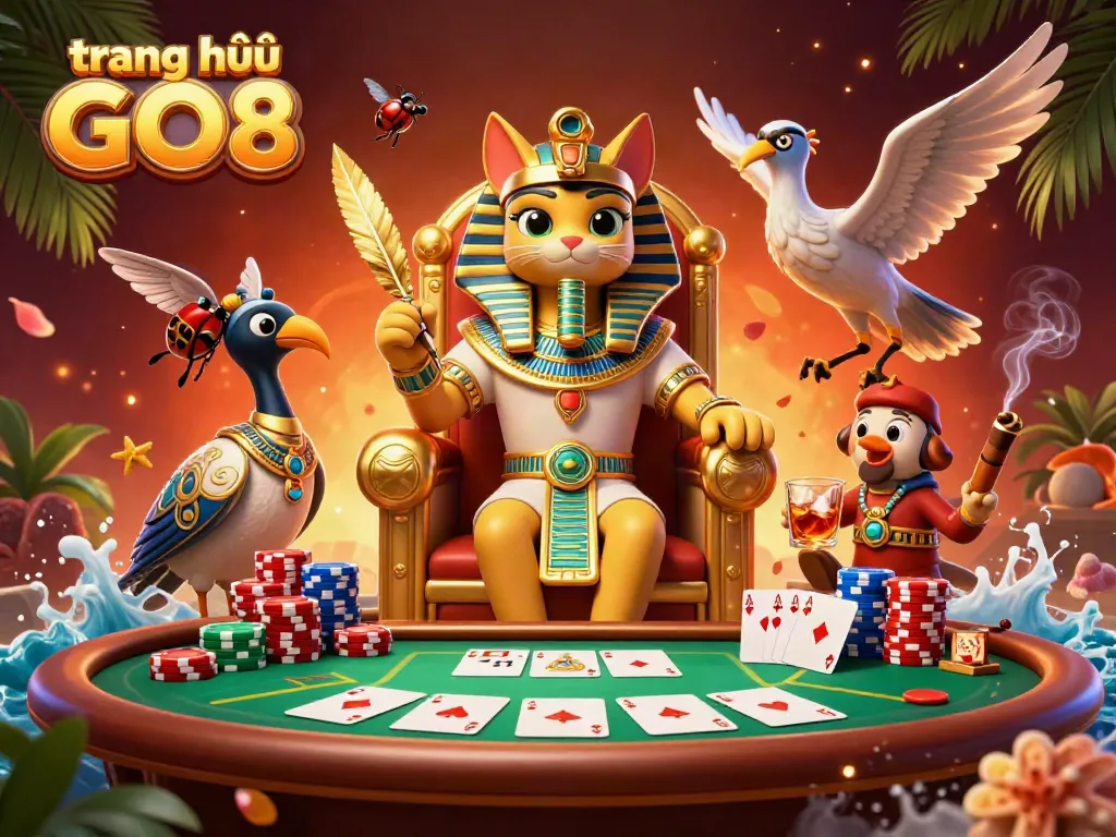 Experience gaming excitement at trang chủ GO8 with a lively scene featuring Egyptian-themed characters and poker elements.