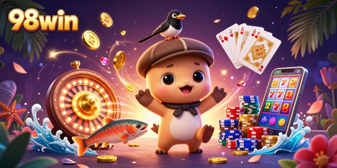 Join 98win in a vibrant 3D casino scene with playful characters and dynamic game elements.