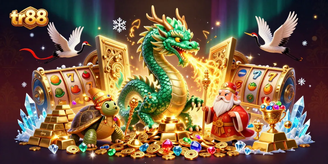 Spin the lucky reels in a vibrant tr88 casino scene featuring a mystical dragon and golden treasures.