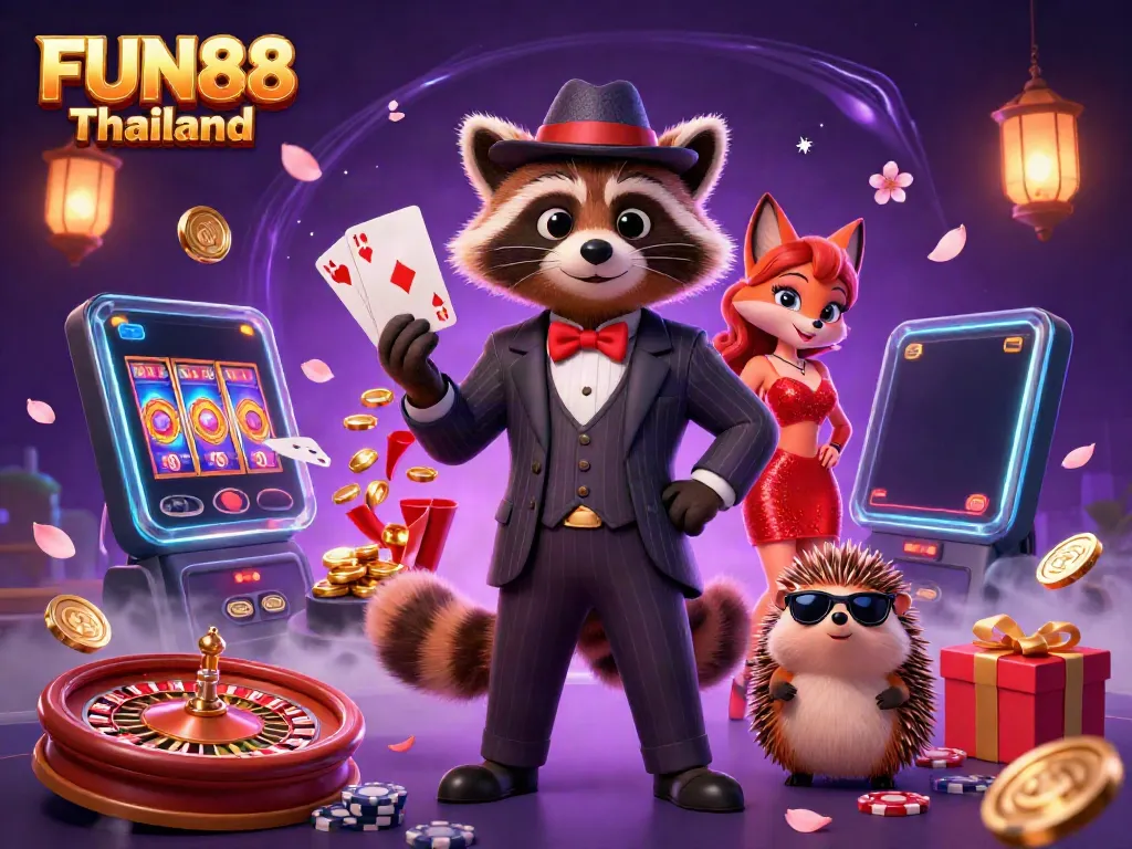 Experience FUN88 Thailand with a vibrant scene featuring a suave raccoon, a charming fox, and thrilling casino elements.