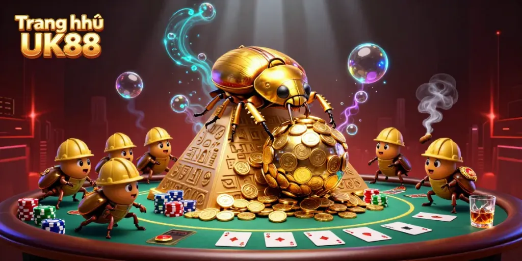 Experience action at Trang chủ UK88 with golden beetles rolling coins in a vibrant casino scene.