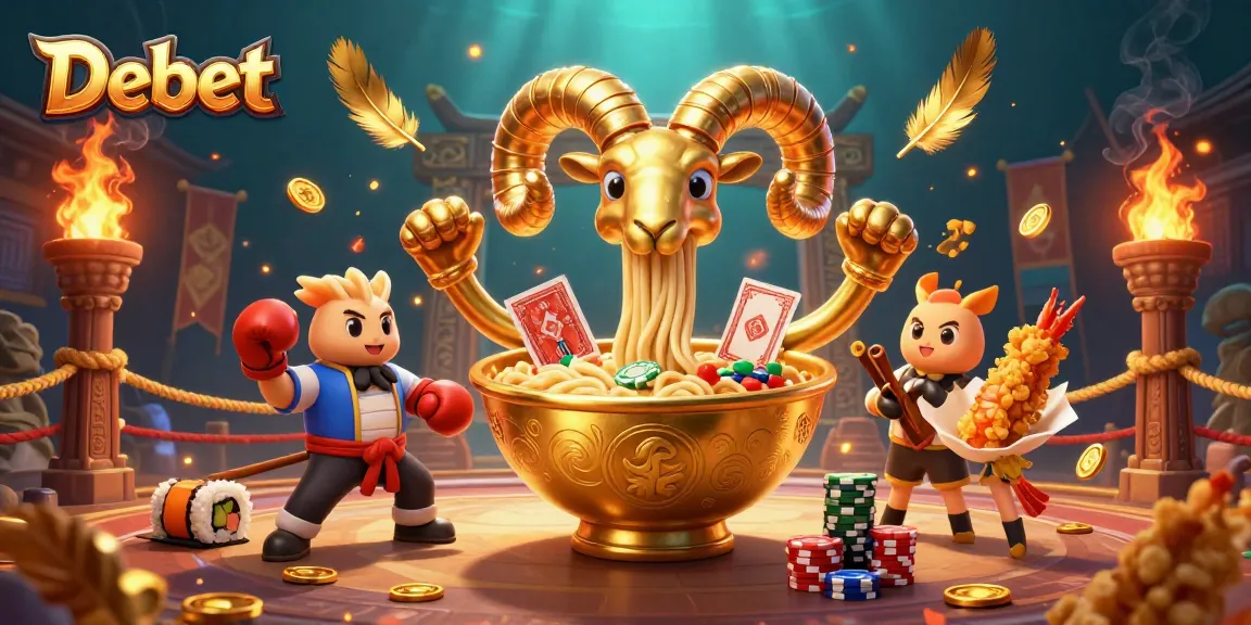Join the excitement at Debet with a vibrant casino scene featuring a ramen bowl dealer and animated characters.