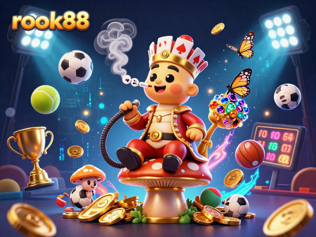 Experience the excitement of rokok88 with a vibrant 3D illustration capturing casino gaming elements in a dynamic scene.