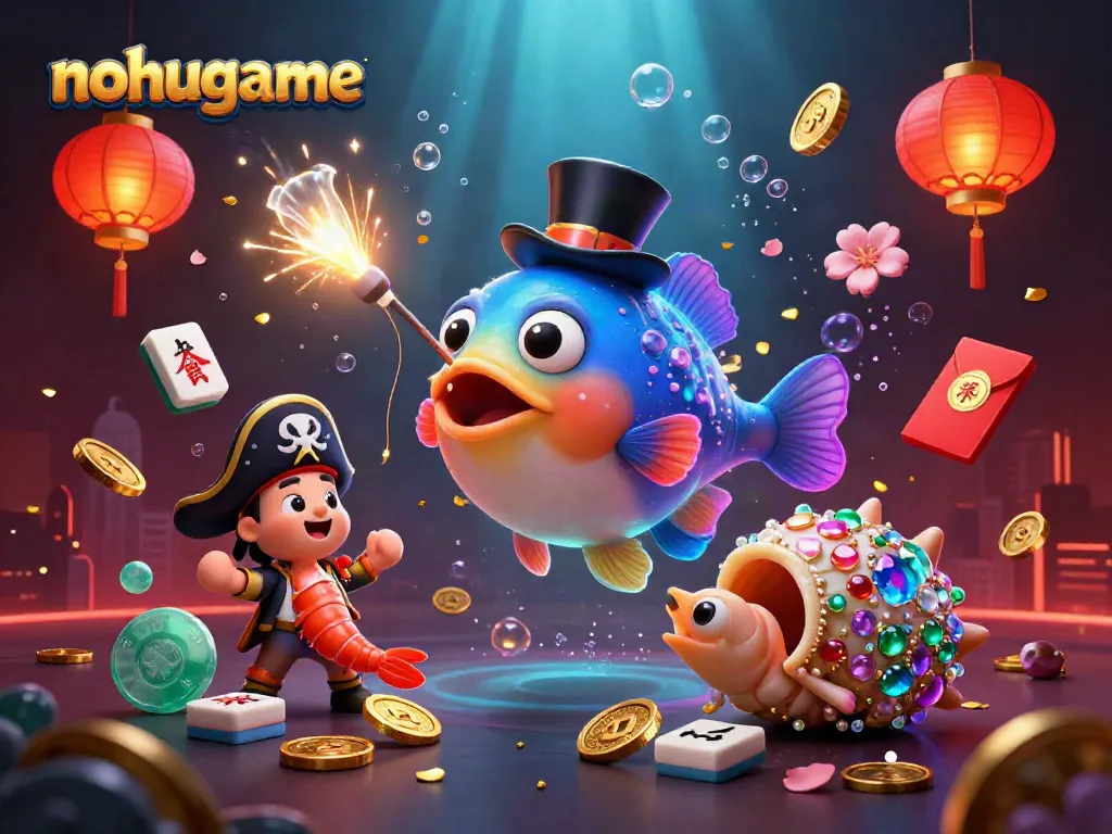 Experience the excitement of nohugame with glowing treasures and colorful casino elements in this vibrant illustration.