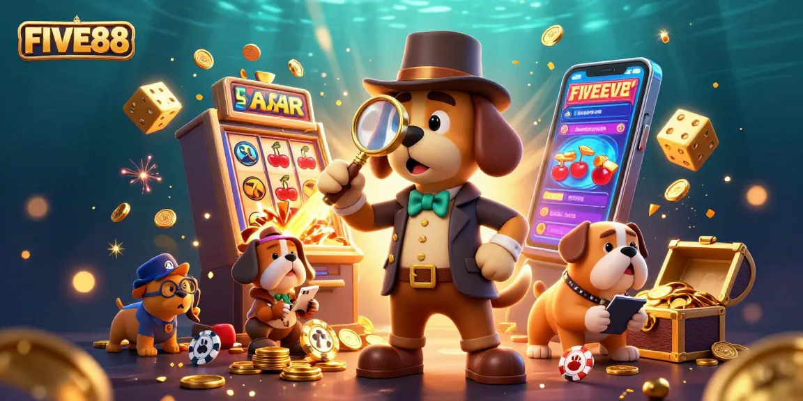 Engage with FIVE88's thrilling jackpot excitement through a dynamic 3D casino scene featuring cartoon detectives.