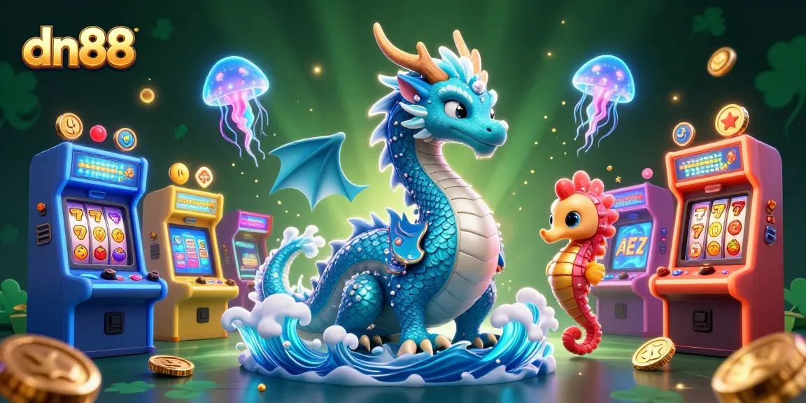 Engage with dn88's vibrant casino illustration showing an azure water dragon amidst slots and game elements.