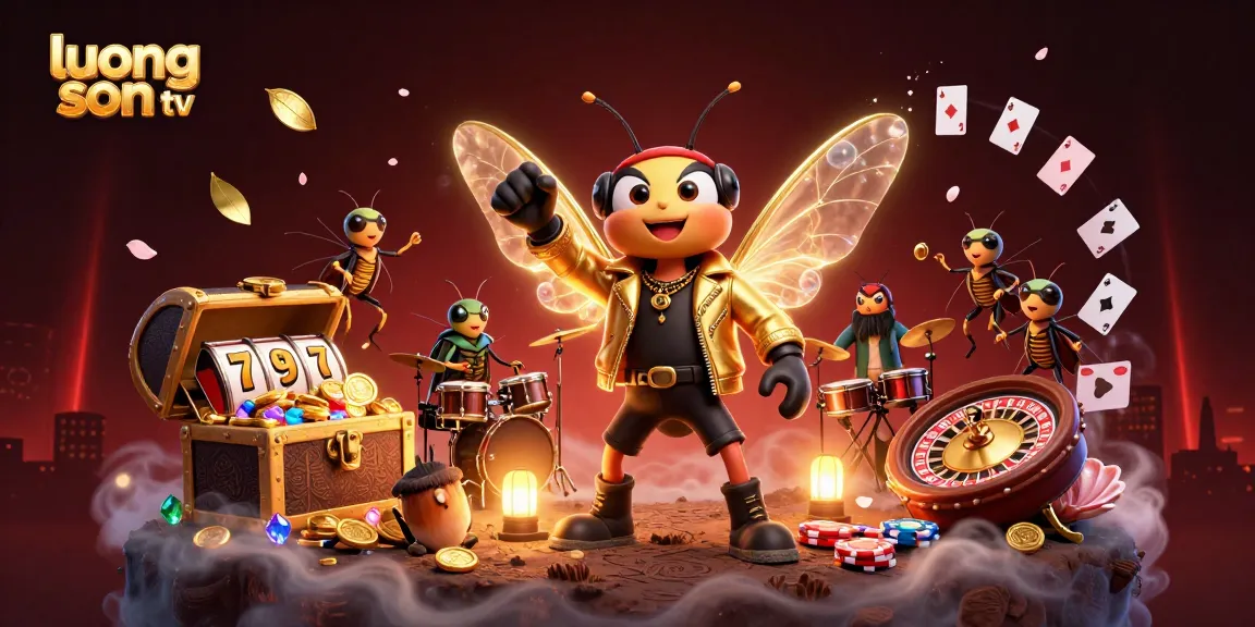 Join luong son tv in a vibrant casino scene where a rock star cicada plays with golden treasures and gaming elements.
