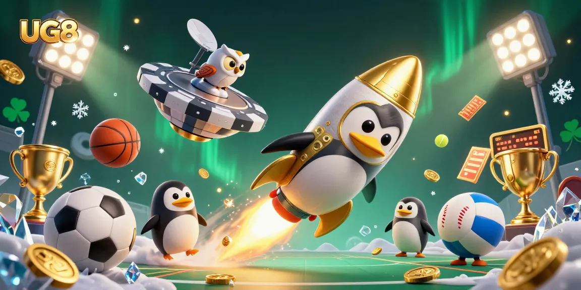 Engage with UG88's casino universe as a golden penguin blasts through space among sports elements.
