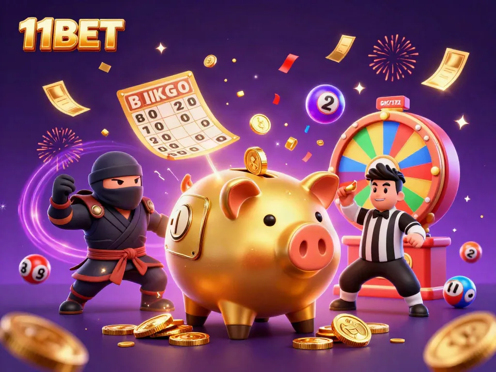 11BET features a playful cartoon scene with a sumo wrestler piggy bank, ninja, and referee amidst lottery balls and confetti.