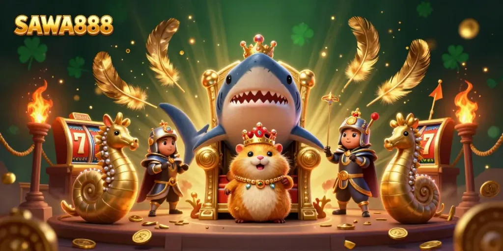 Interactive gaming action featuring SAWA888 with a fierce hamster king and golden treasures.
