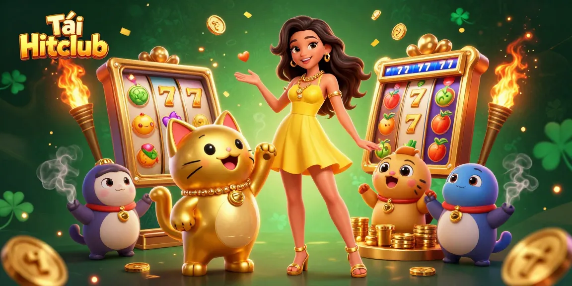 Tải Hitclub and enjoy vibrant slots with golden coins and a lucky cat in a lively casino scene