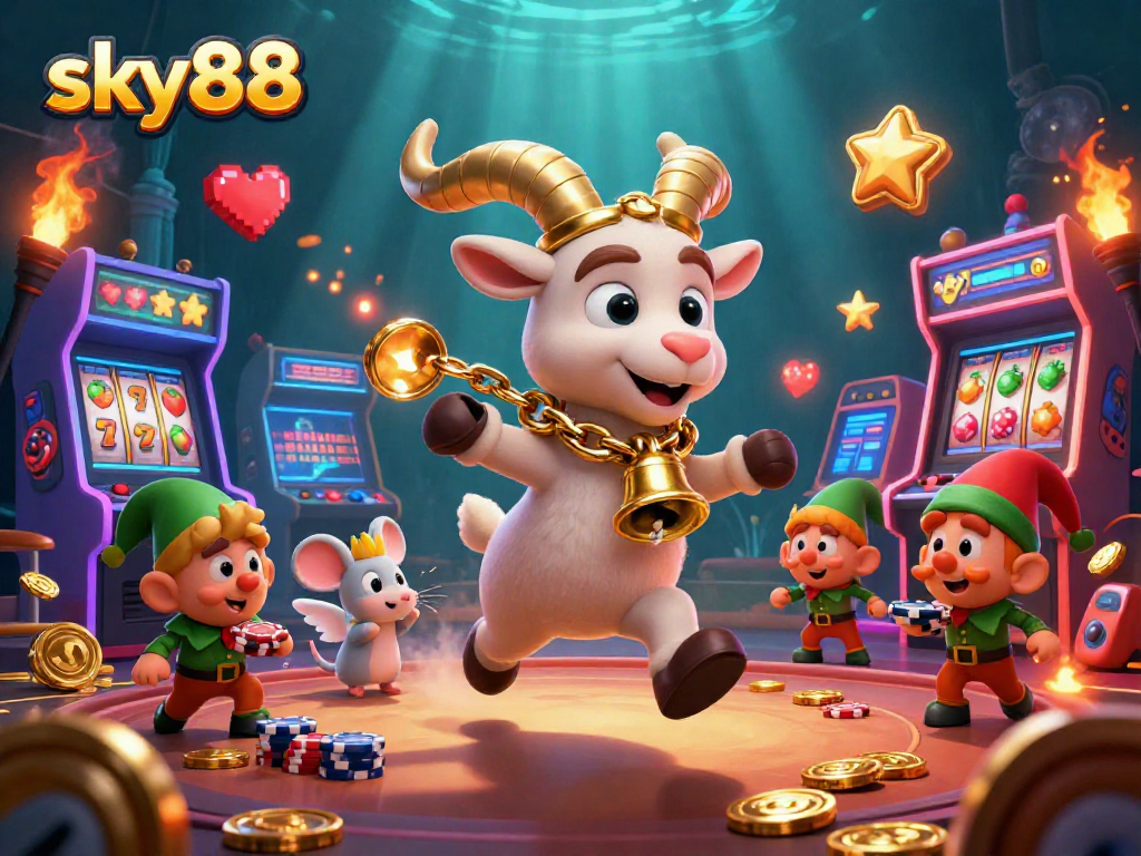 Engage in fun casino action with sky88 featuring Krampus goat and gremlins amidst slot reels and festive chaos.