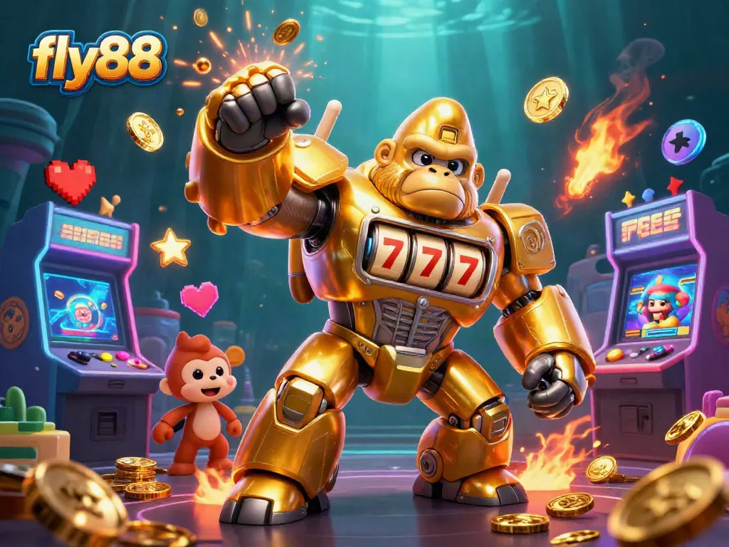 Experience the excitement of fly88 with a thrilling 3D gorilla mech and arcade elements in a vibrant casino atmosphere.