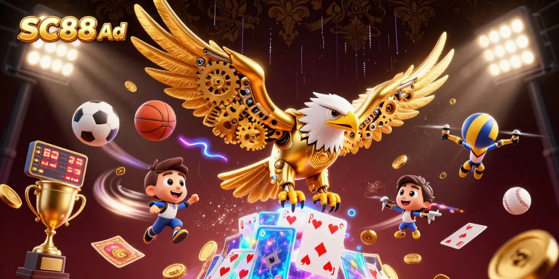 Engage with SC88 Ad's thrilling cybernetic eagle diving amidst vibrant holographic cards and dynamic sports elements.