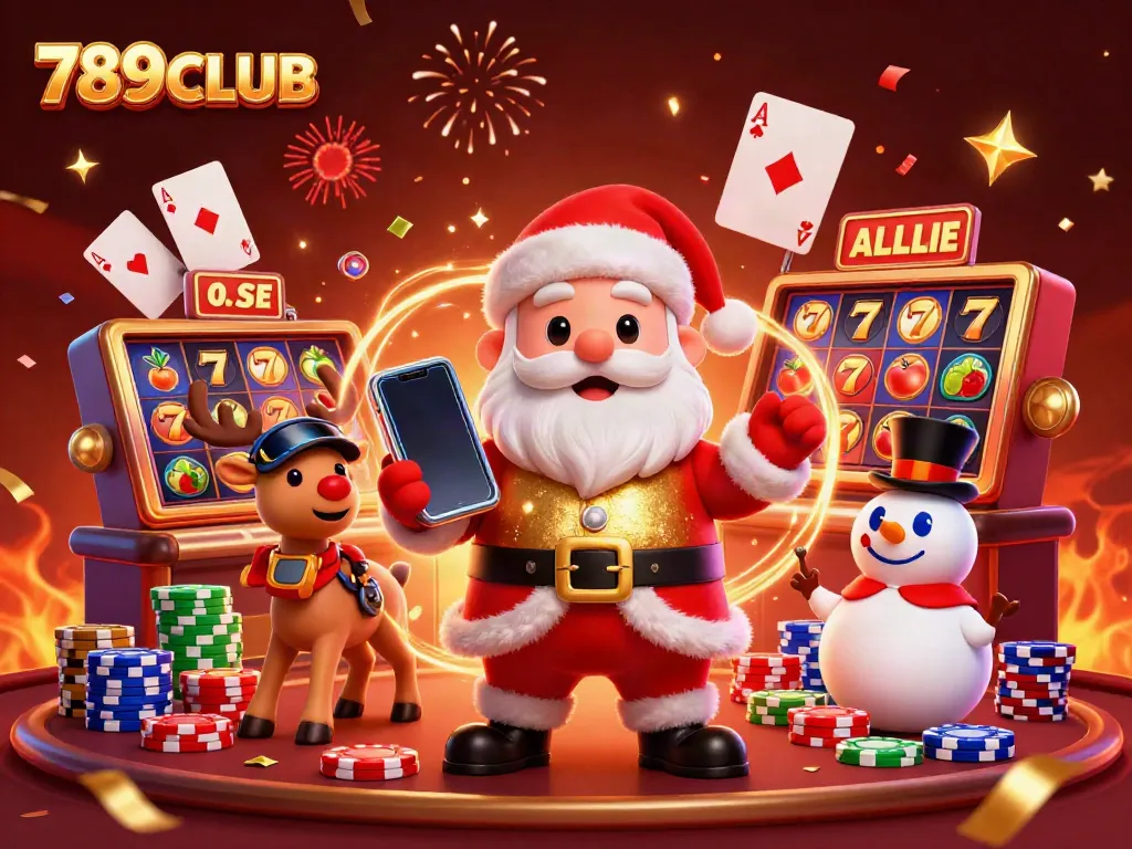 Experience the thrill of winning at 789CLUB with Santa and friends in a festive casino scene.