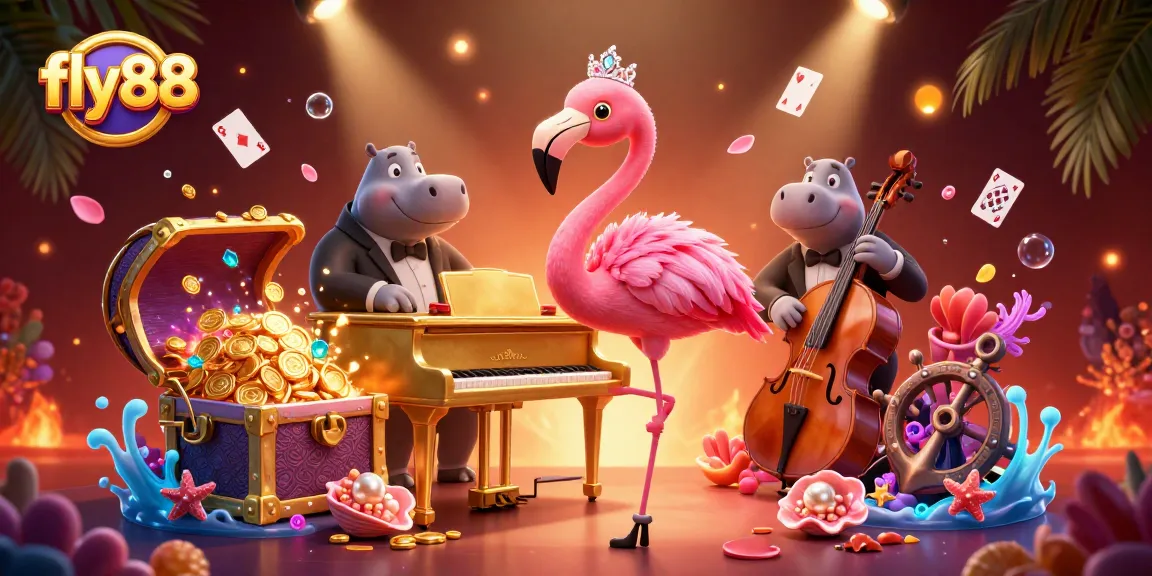 Join the excitement at fly88 with a vibrant casino scene featuring a flamingo singer and hippo bassist.
