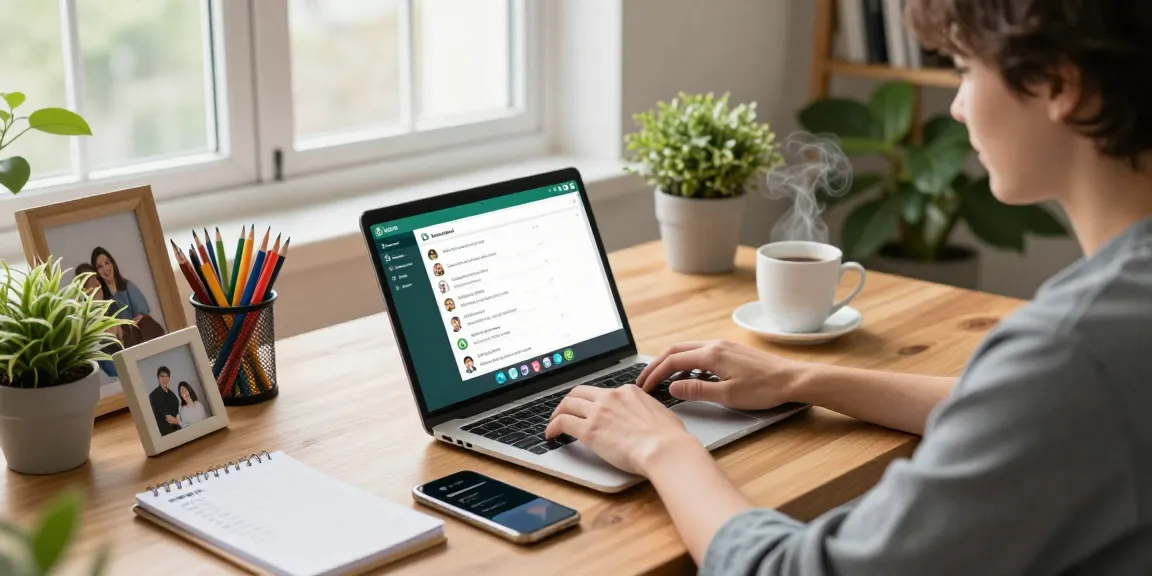Using WhatsApp電腦版 in a modern home office with a laptop and vibrant decor.