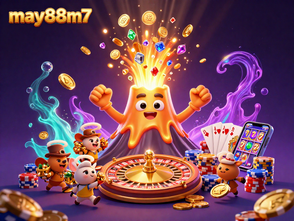 Enhance your gaming experience at may88m7 with a vibrant 3D illustration of casino action, featuring golden rewards.
