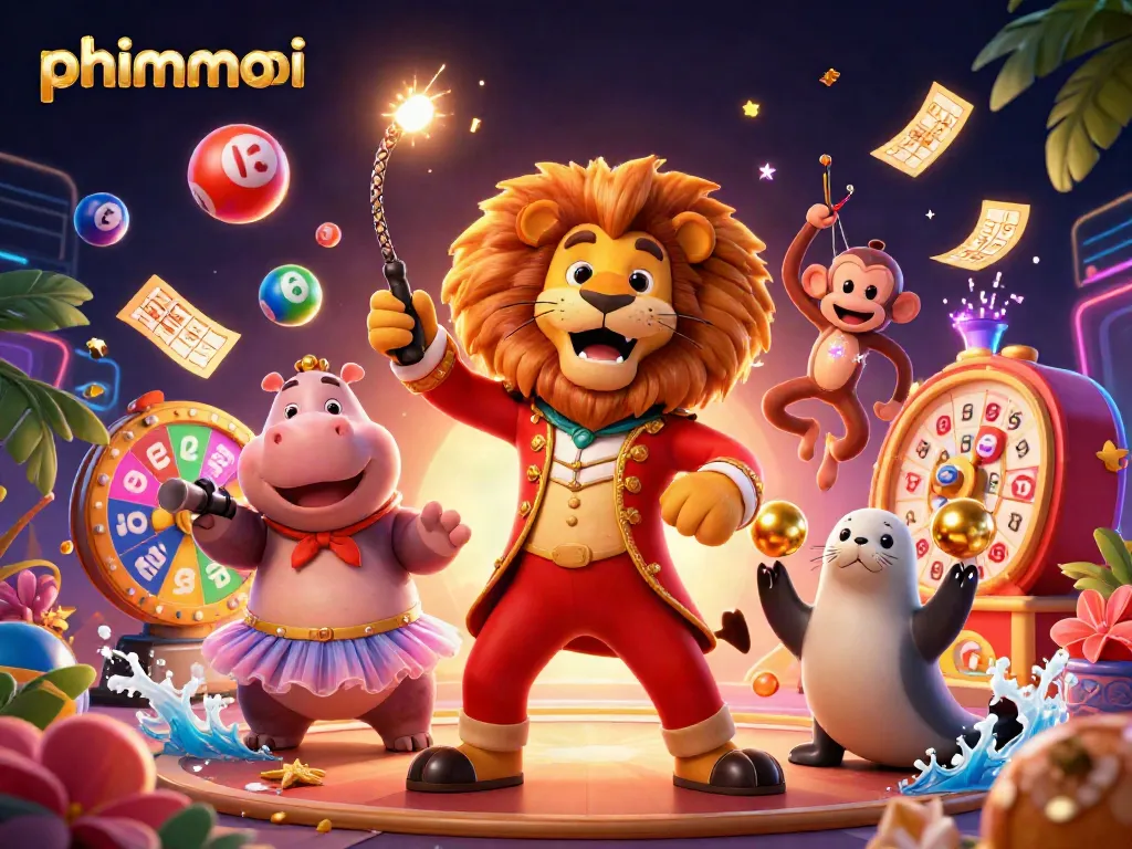 Experience exciting gambling with phimmoi's vibrant circus-themed 3D illustration featuring dynamic game elements.
