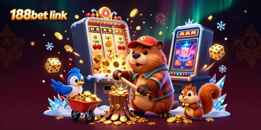 Experience the thrill of the casino in this vibrant 188bet link illustration, featuring a beaver and friends amidst a jackpot explosion.
