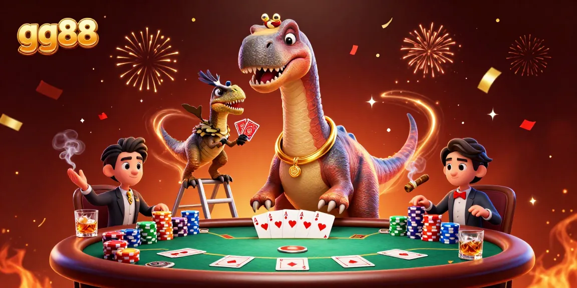 Players enjoy thrilling poker action at gg88 with a towering dinosaur and animated dealer.