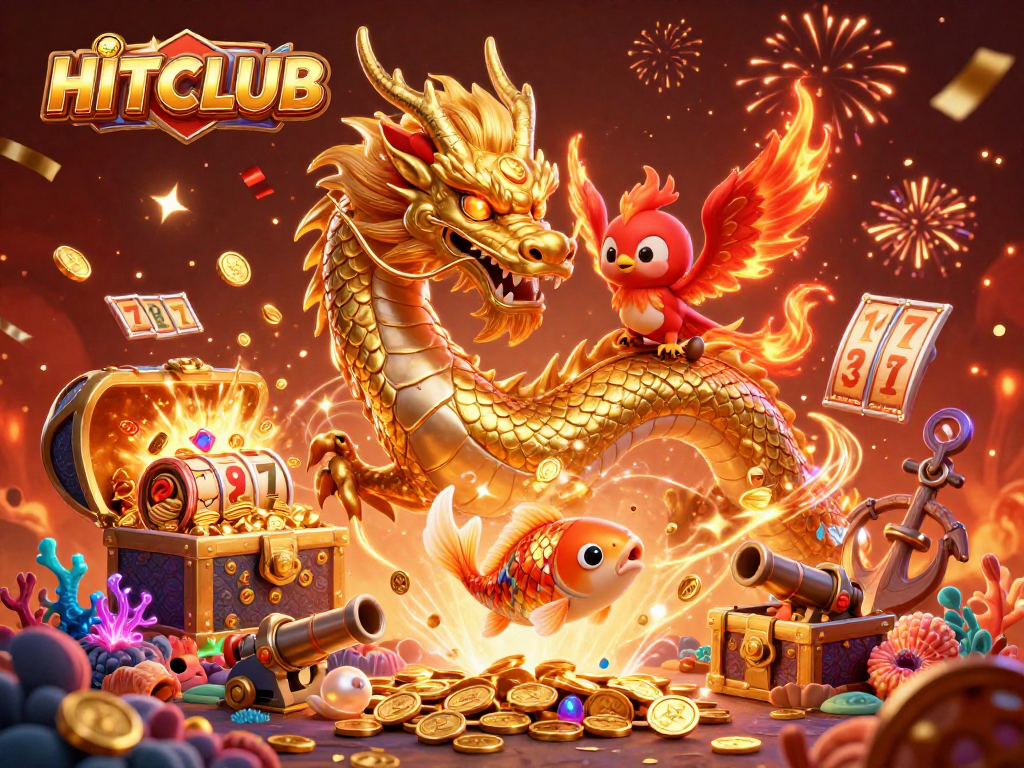 Play exciting games at HITCLUB with a vibrant scene of a dragon and phoenix amid jackpot slot reels.