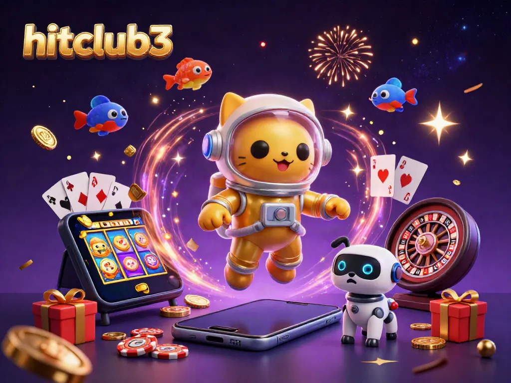 Experience excitement with hitclub3 as an astronaut cat encounters vibrant casino games in a dynamic cosmic scene.