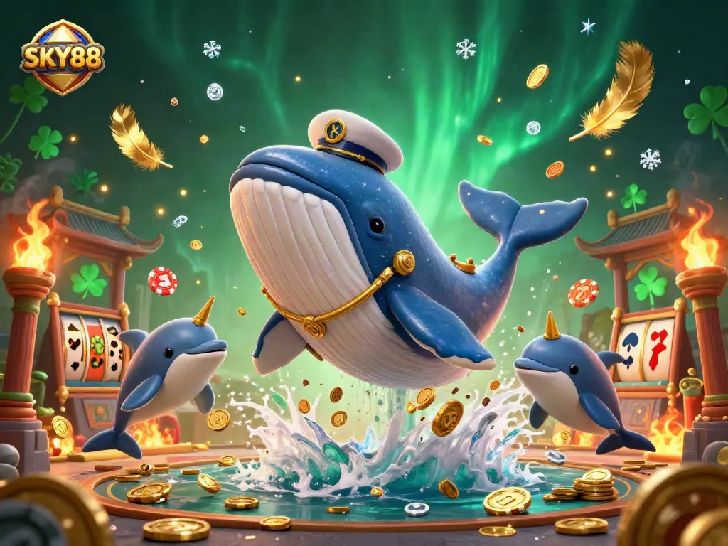 Engage in thrilling gameplay at SKY88 with an exhilarating scene featuring a captain whale, narwhal, and dolphins among dazzling casino elements.