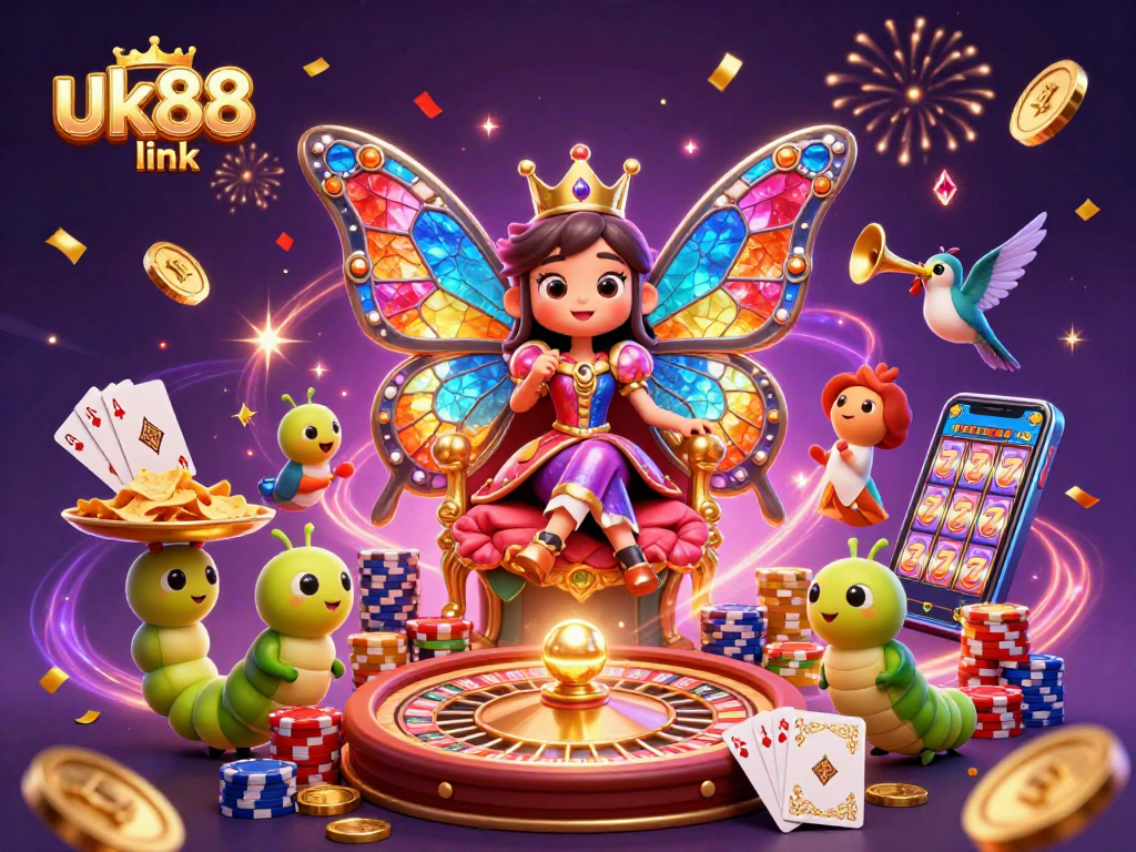 Engage with the exciting uk88 link as vibrant butterflies and casino elements create a magical atmosphere.