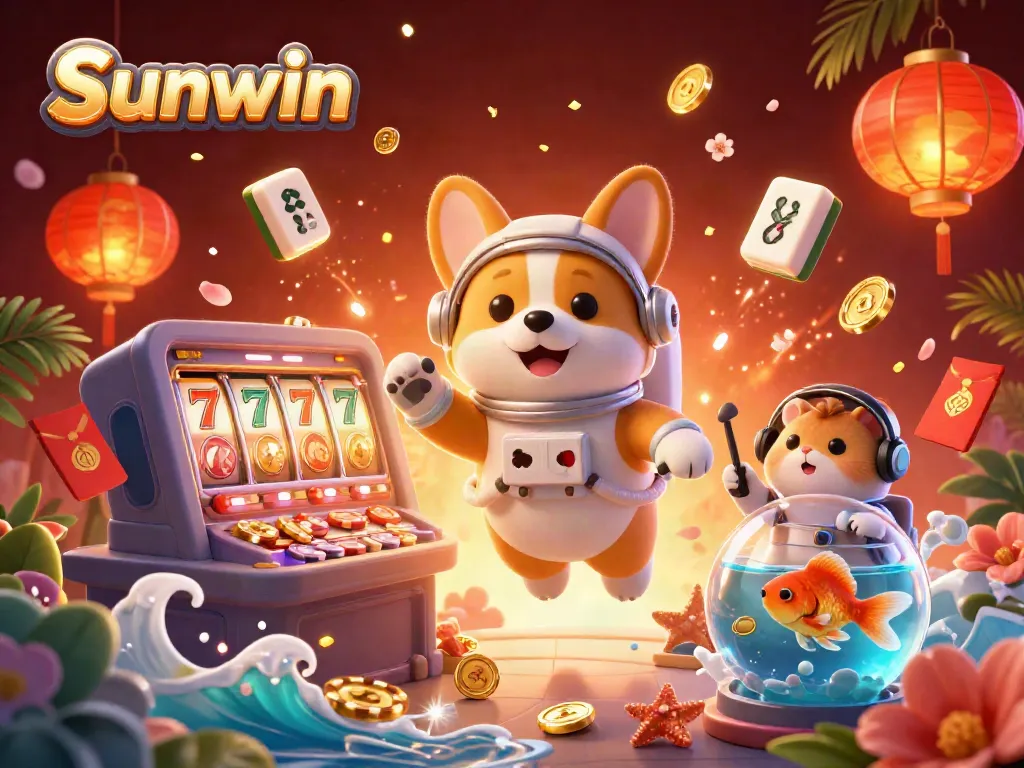 Sunwin offers an exciting casino experience with vibrant slot reels spinning and lively characters in space.