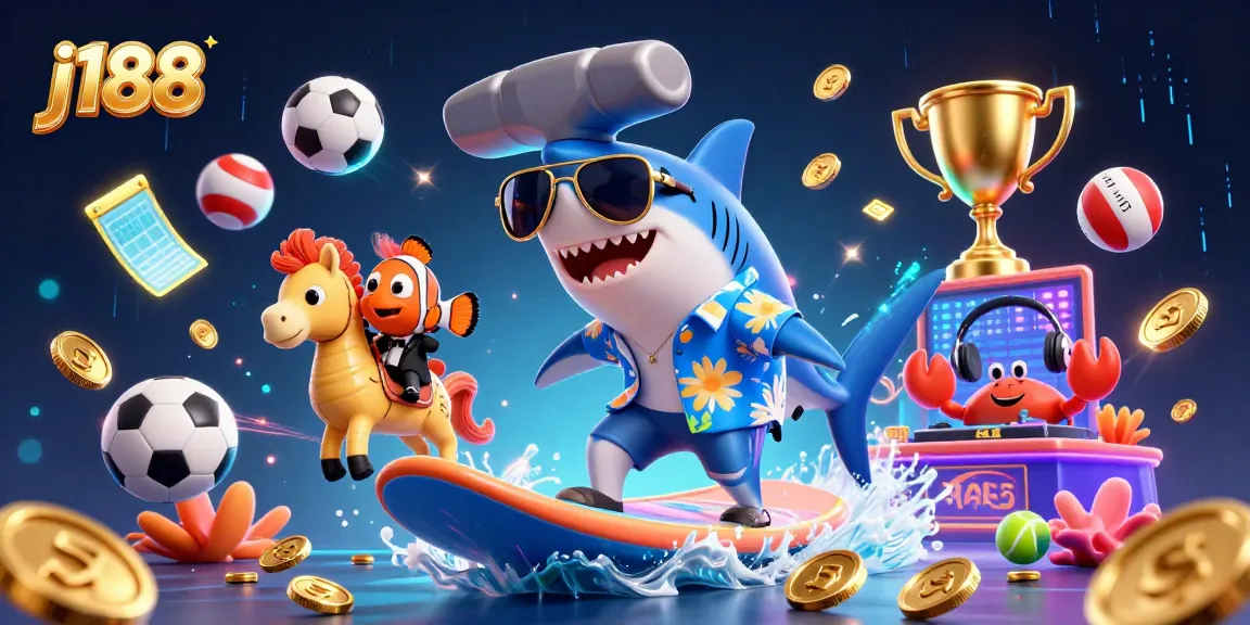 Experience j188 excitement with a vivid 3D illustration showcasing a hammer-head shark and vibrant sports elements.